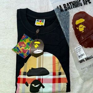 Bape Black Short Sleeve Tee with Plaid Ape Design